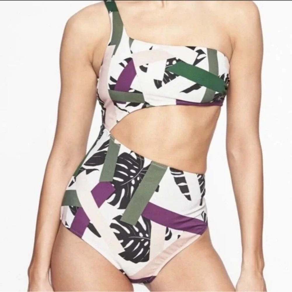 Athleta Tropical Geo Cut Green and Purple Cutout One-Piece Swimsuit Sz Medium